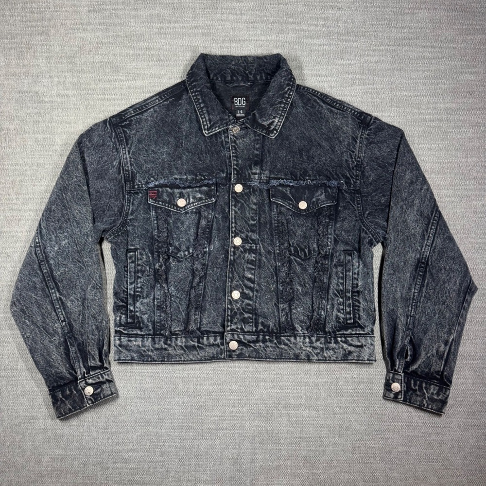 BDG Urban Outfitters Acid Wash Black Denim Trucker Jacket Distressed Large